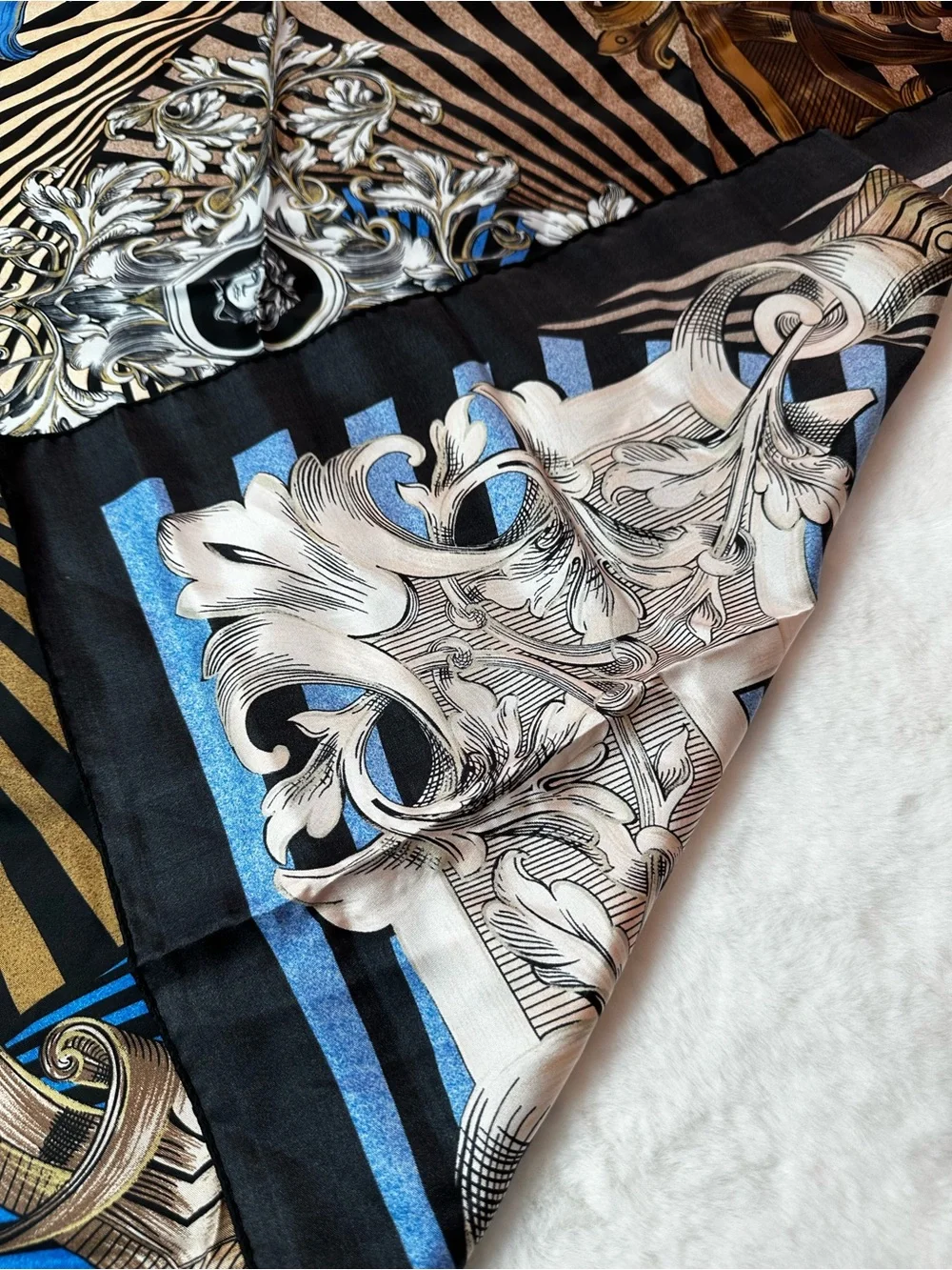 Versace Silk Medallion Scarf in Blue, Gold & Black